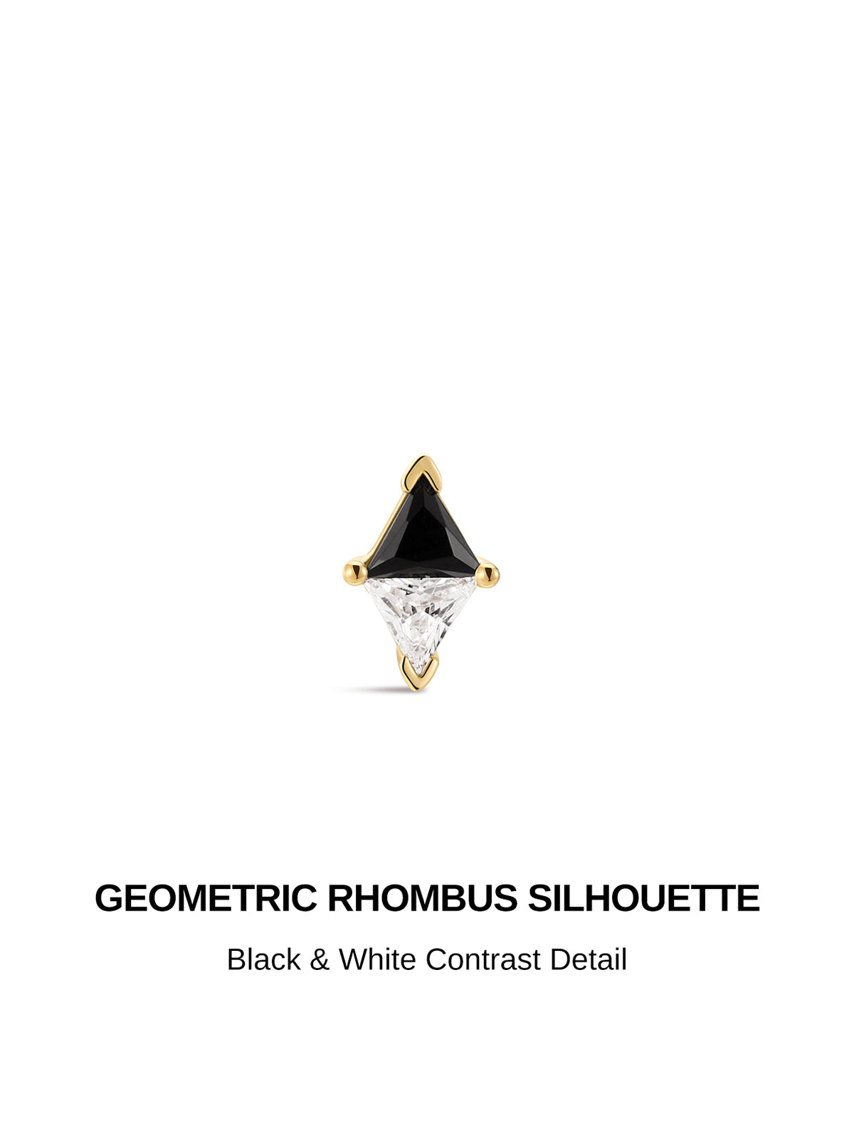 KOSINER Puzzle geometric rhombus silhouette graphic, polished 14K solid gold prong setting, split dual triangle design with upper black cubic zirconia and lower clear cubic zirconia, minimalist two-tone contrast internally threaded flat back piercing stud