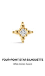 KOSINER Perléa Four-Point Star Flat Back Stud front view, symmetrical four-point star shape constructed with polished rounded gold beads, central round brilliant-cut clear cubic zirconia stone, crafted in premium 14K solid gold, internally threaded hypoallergenic labret design suitable for helix, tragus and lobe piercings