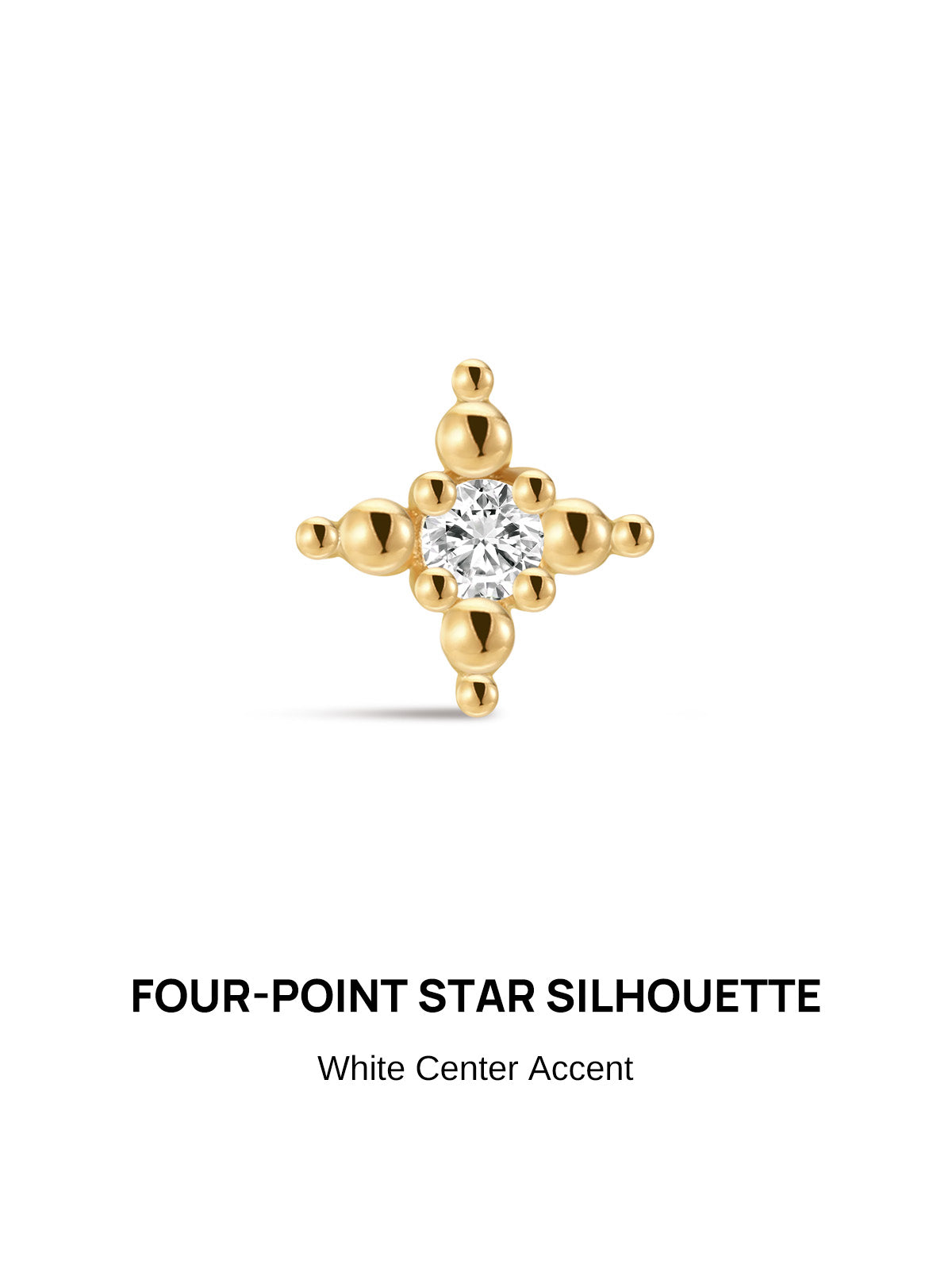 KOSINER Perléa Four-Point Star Flat Back Stud front view, symmetrical four-point star shape constructed with polished rounded gold beads, central round brilliant-cut clear cubic zirconia stone, crafted in premium 14K solid gold, internally threaded hypoallergenic labret design suitable for helix, tragus and lobe piercings