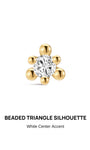 KOSINER Perléa Beaded Flat Back Stud front view, symmetrical triangular frame crafted from six polished rounded gold beads surrounding a central round brilliant-cut clear cubic zirconia stone, premium 14K solid gold construction, internally threaded hypoallergenic labret design suitable for helix, tragus and lobe piercings