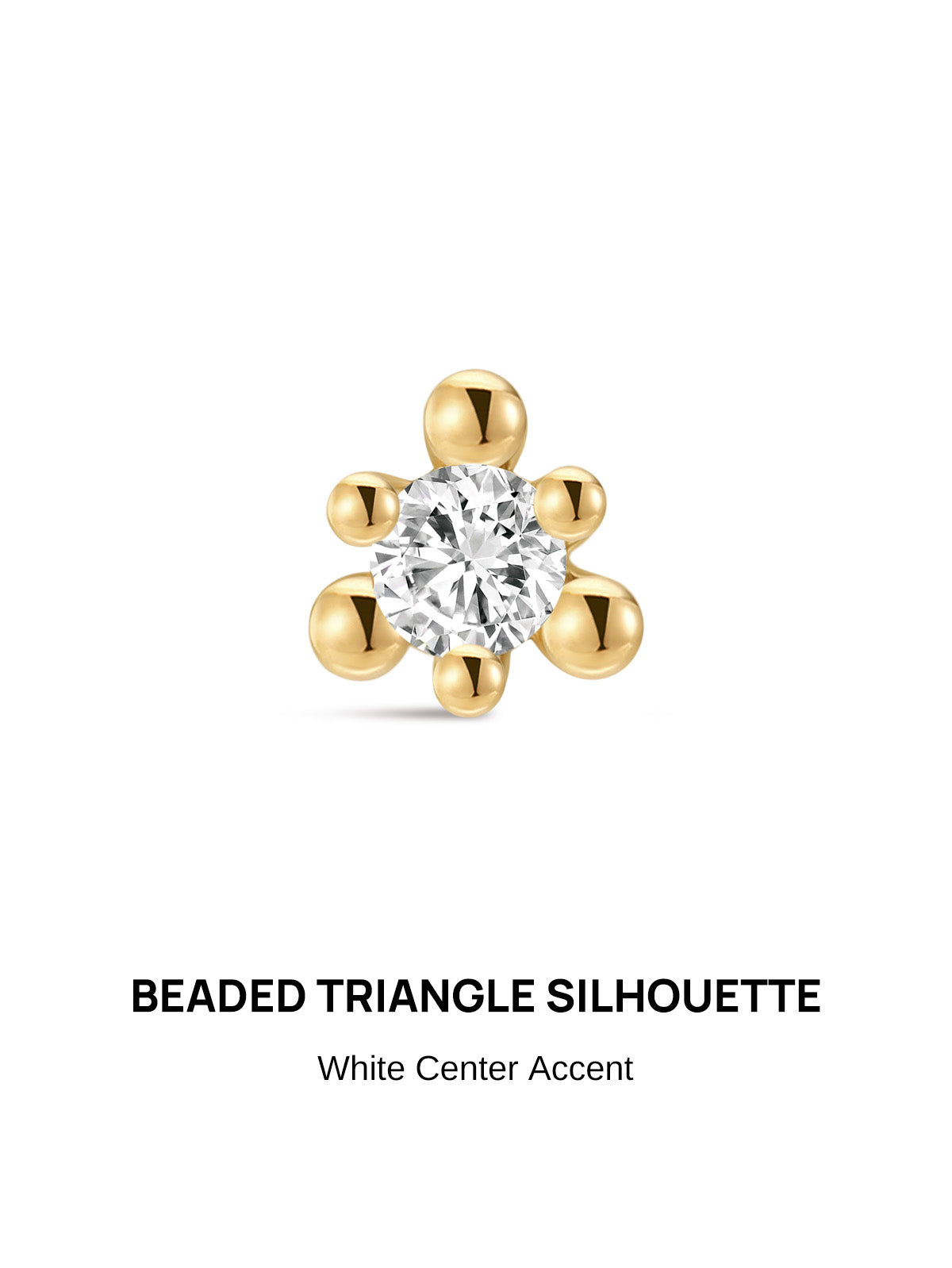 KOSINER Perléa Beaded Flat Back Stud front view, symmetrical triangular frame crafted from six polished rounded gold beads surrounding a central round brilliant-cut clear cubic zirconia stone, premium 14K solid gold construction, internally threaded hypoallergenic labret design suitable for helix, tragus and lobe piercings