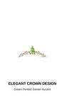 Elegant crown design KOSINER 14K solid gold cartilage stud, central teardrop peridot flanked by four round clear cz stones, polished gold prong setting, push-in flat back post