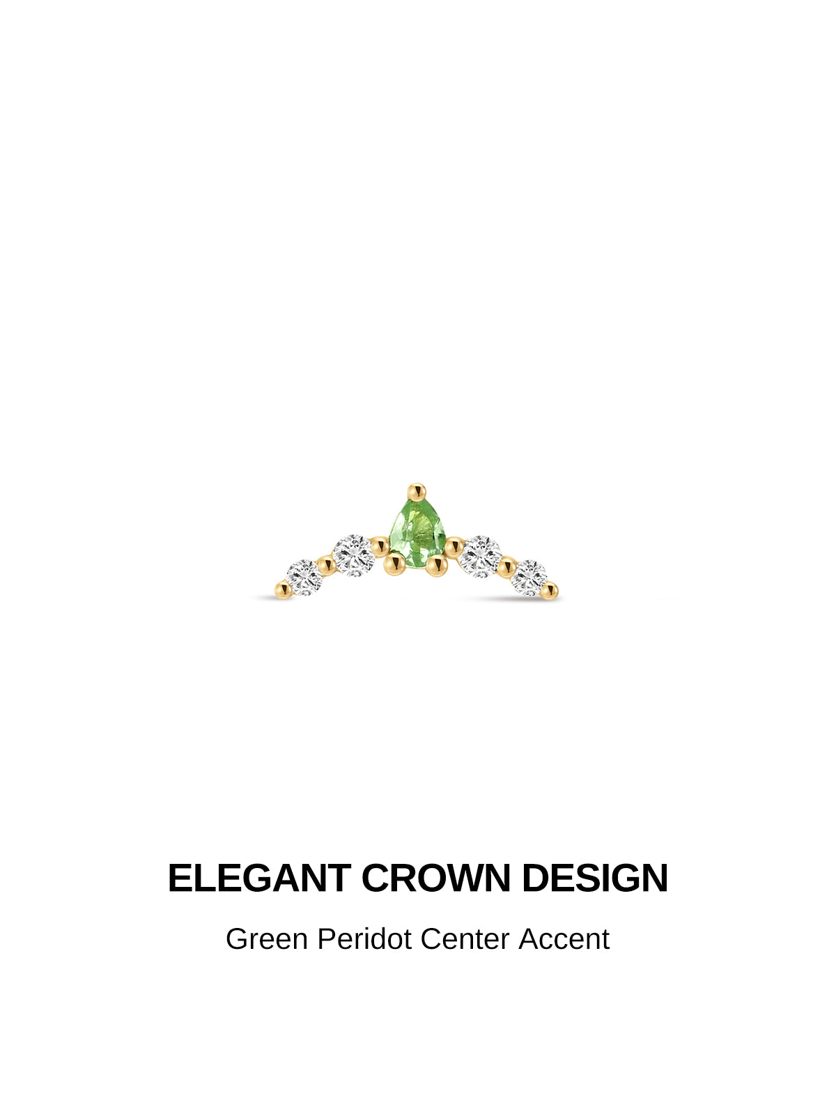 Elegant crown design KOSINER 14K solid gold cartilage stud, central teardrop peridot flanked by four round clear cz stones, polished gold prong setting, push-in flat back post