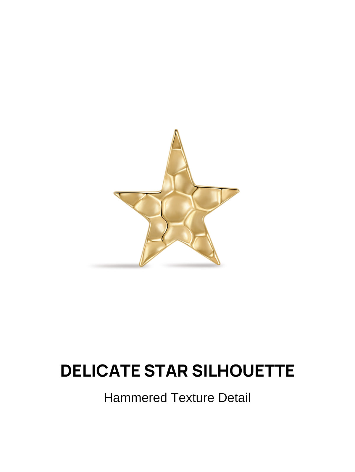 KOSINER Hand Hammered 14K Solid Gold Textured Star Flat Back Stud front view, solid five-point star silhouette with organic hand-hammered dimpled texture, polished 14K gold finish, minimalist cartilage piercing jewelry for curated ear stacking