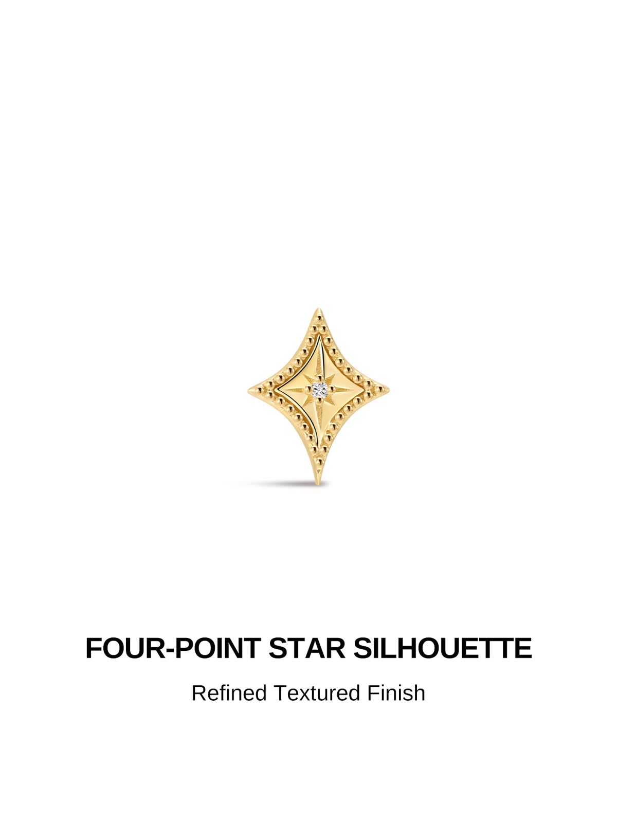 KOSINER Starlight Delicate Four-Point Star Flat Back Stud front view, refined textured beaded border four-point star silhouette with nested inner star and central round CZ accent, polished solid 14K gold construction, sleek minimalist cartilage piercing stud design