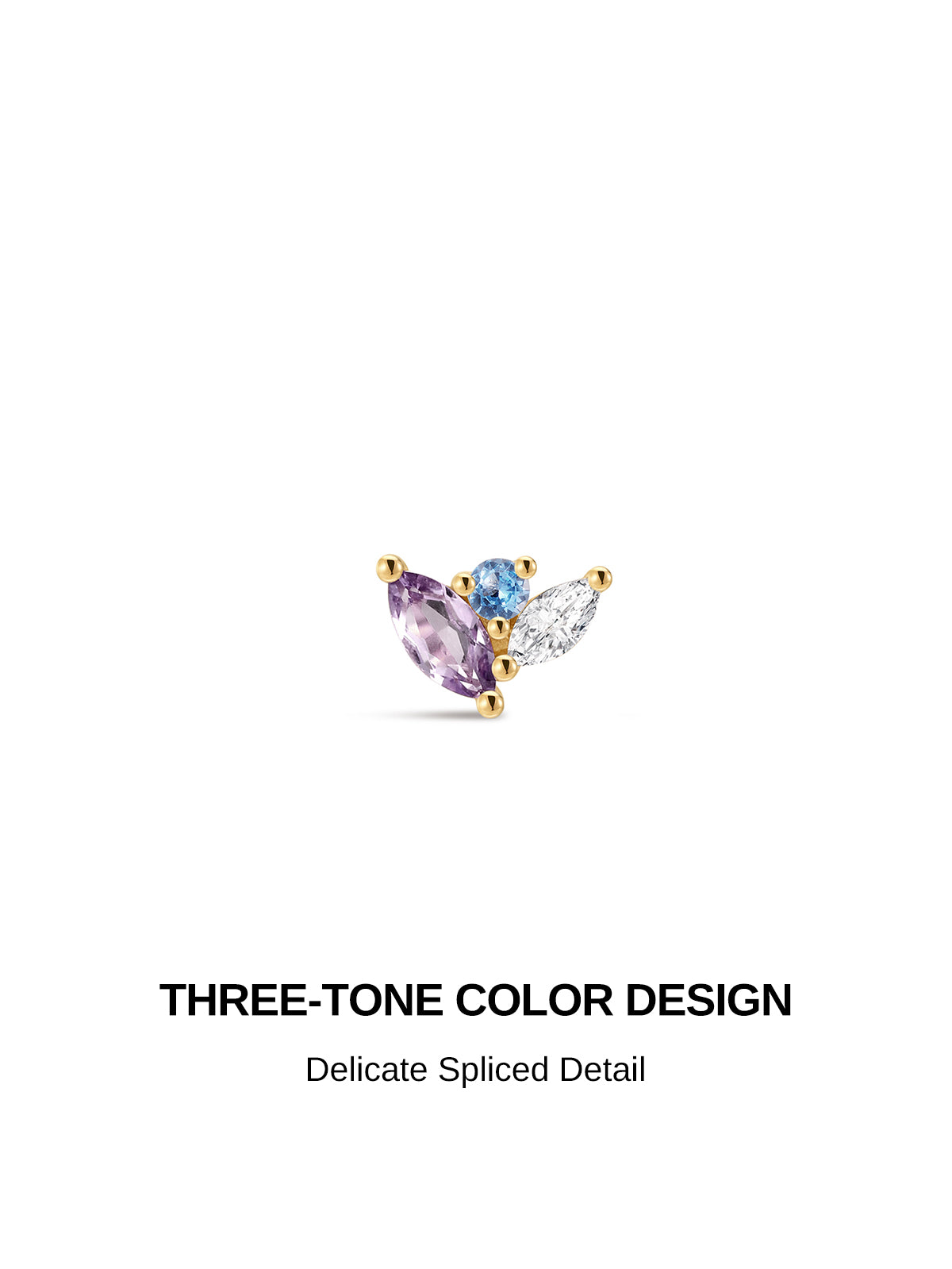 Three-tone spliced trio cluster design KOSINER 14K solid gold cartilage stud, marquise amethyst, round blue topaz & marquise clear cz secured by gold prong setting, push-in flat back post