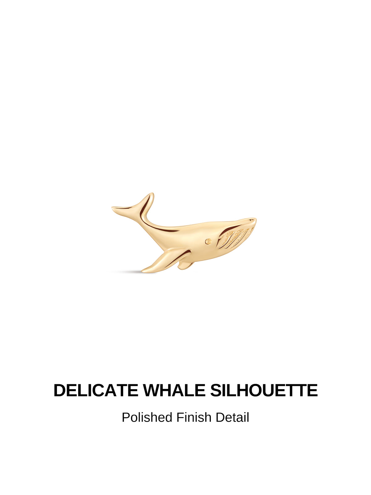 KOSINER delicate whale silhouette design graphic, polished 14K solid gold finish with fine texture detailing on the whale body, minimalist glossy ocean animal internally threaded flat back cartilage stud
