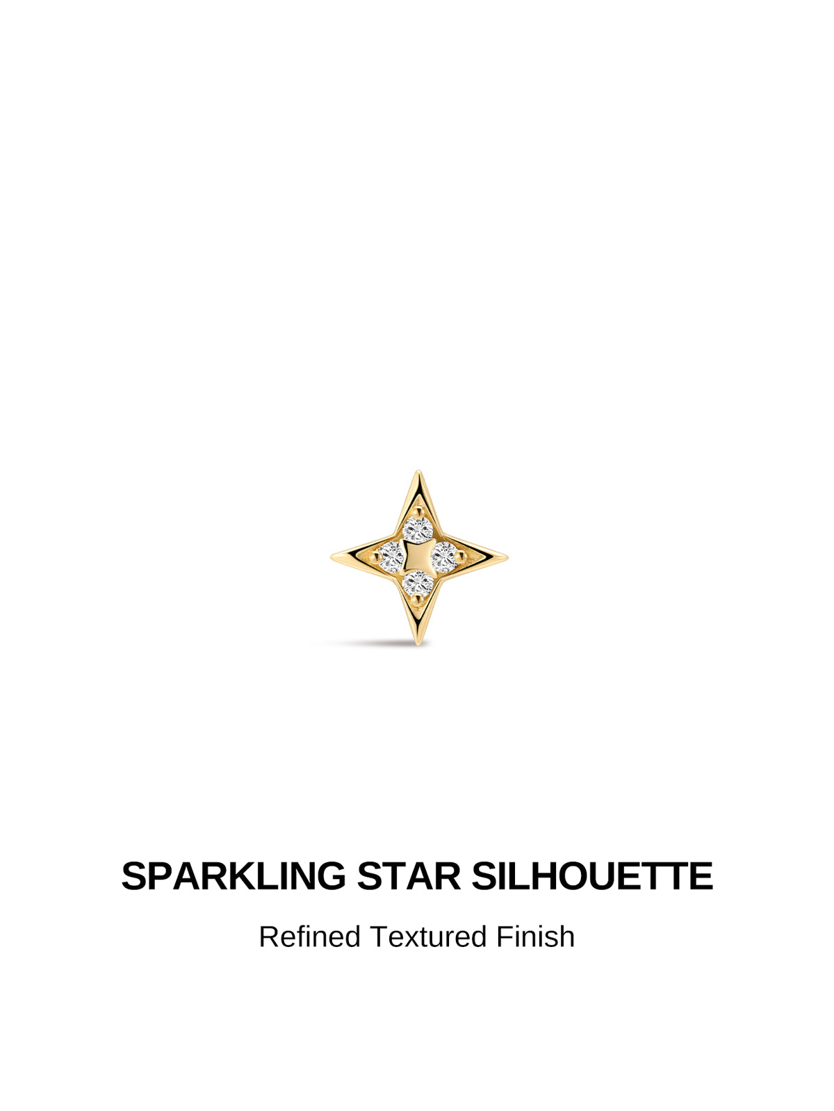 KOSINER Starlight Dainty Four-Point Star Flat Back Stud front view, refined textured four-point star silhouette set with four sparkling round CZ accents, polished solid 14K gold construction, slim minimalist cartilage stud design