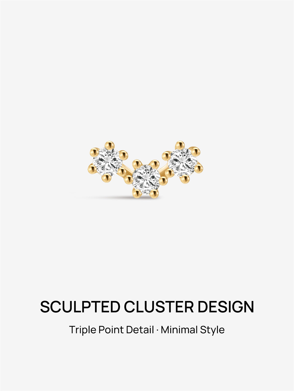 KOSINER 14K Solid Gold Triple-Point Cluster Flat Back Stud, Hypoallergenic Cartilage Earring for Helix Piercing