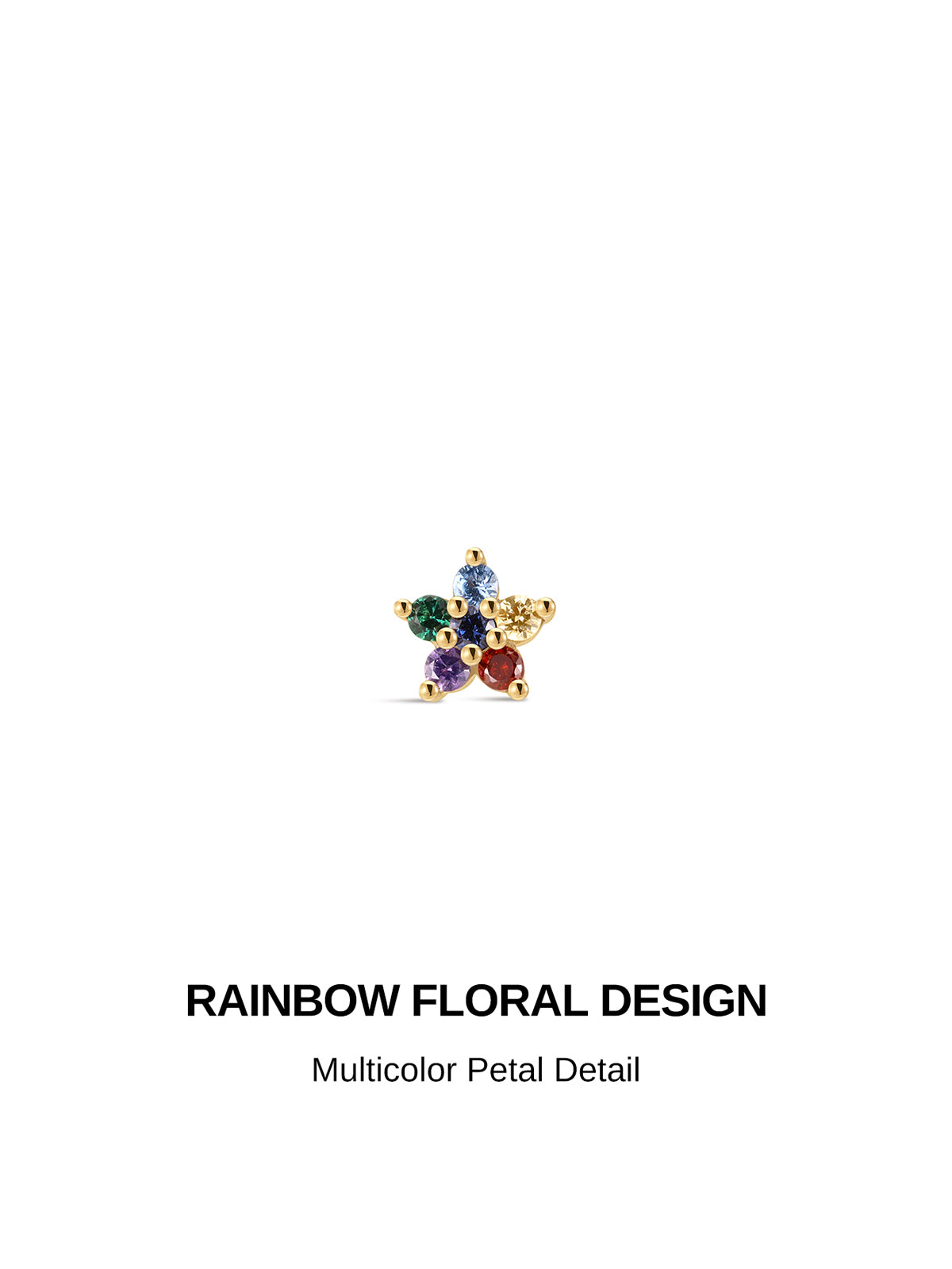 Rainbow floral five-petal design KOSINER 14K solid gold cartilage stud, multicolor round cz petal cluster delicate flat back piercing detail
