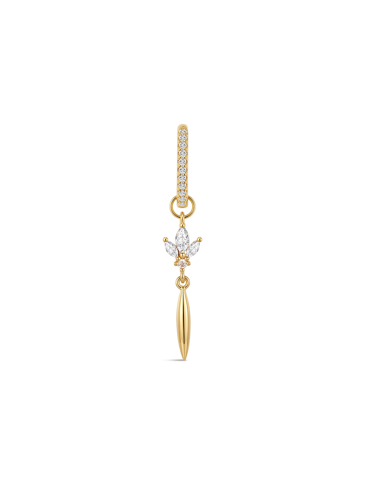 Front view of KOSINER At Dawn 18K gold plated lotus tassel drop hoop