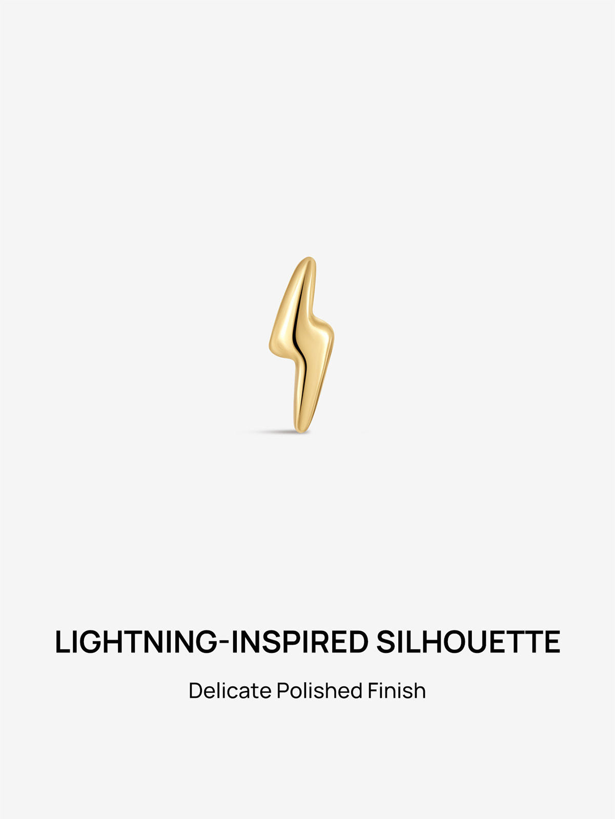 14K Solid Gold Gloss Lightning Silhouette Flat Back Stud, Minimal Polished Finish Helix Tragus Piercing Earring
