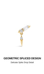 KOSINER geometric spliced design sparkle rivet flat back stud graphic, polished 14K solid gold construction, baguette cz bar with dangling pointed spike pendant accented with round clear stones, edgy modern cartilage piercing earring detail