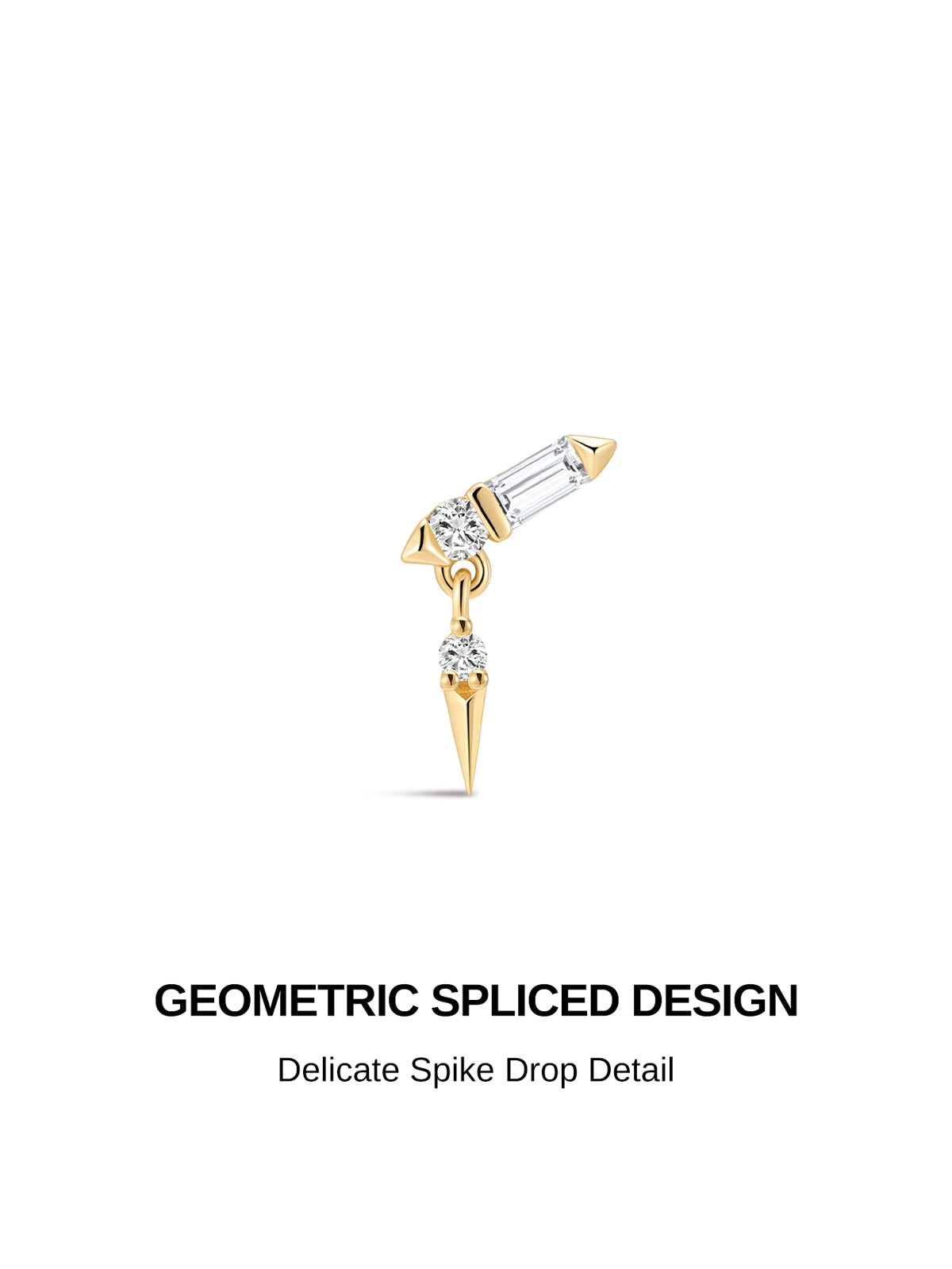 KOSINER geometric spliced design sparkle rivet flat back stud graphic, polished 14K solid gold construction, baguette cz bar with dangling pointed spike pendant accented with round clear stones, edgy modern cartilage piercing earring detail