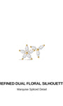 Refined dual floral silhouette 14K solid gold flat back piercing stud, alternating marquise spliced cz detail delicate cartilage earring design