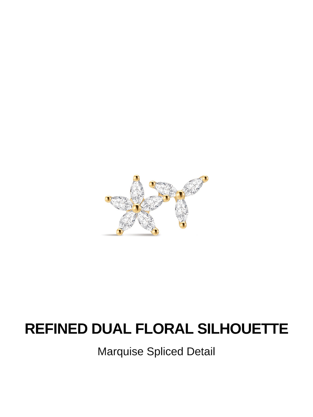 Refined dual floral silhouette 14K solid gold flat back piercing stud, alternating marquise spliced cz detail delicate cartilage earring design
