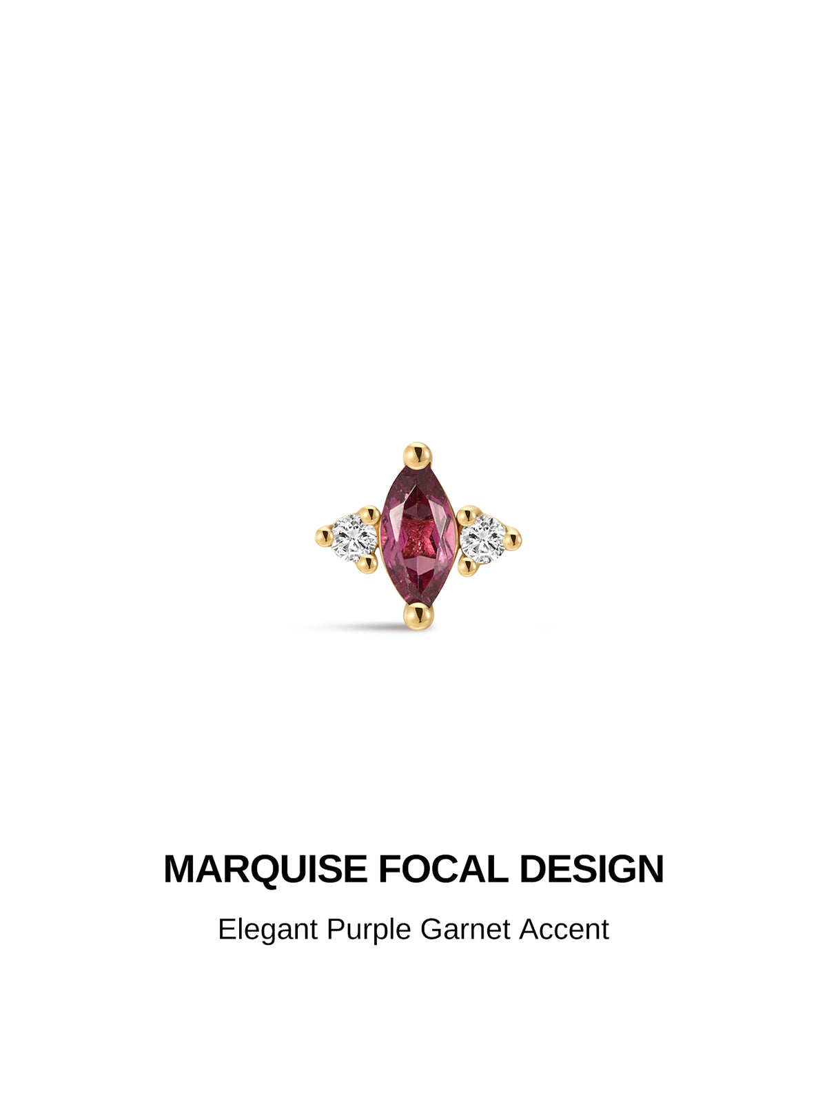 KOSINER Gem Garden 14K Solid Gold Marquise Purple Garnet Flat Back Stud Earring, Dainty Three-Stone Cartilage Piercing Stud, Hypoallergenic for Helix Tragus Lobe Conch Stacking