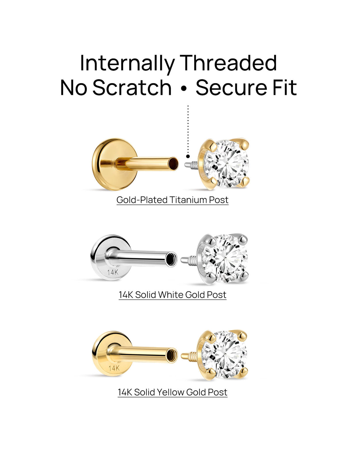 KOSINER 14K solid gold flat back stud, safe for sensitive skin, waterproof design for everyday wear