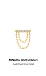 KOSINER Prism minimalist double chain pendant flat back stud crafted in 14K solid gold, top bar pave-set round cubic zirconia stones, two layered dangling chain details, internally threaded hypoallergenic helix cartilage piercing earring