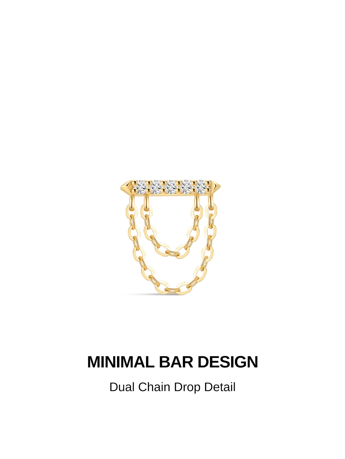 KOSINER Prism minimalist double chain pendant flat back stud crafted in 14K solid gold, top bar pave-set round cubic zirconia stones, two layered dangling chain details, internally threaded hypoallergenic helix cartilage piercing earring