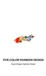 KOSINER 14K solid gold colorful baguette rainbow cluster flat back stud placed on pale gradient rose, vibrant multi cubic zirconia cartilage ear jewelry