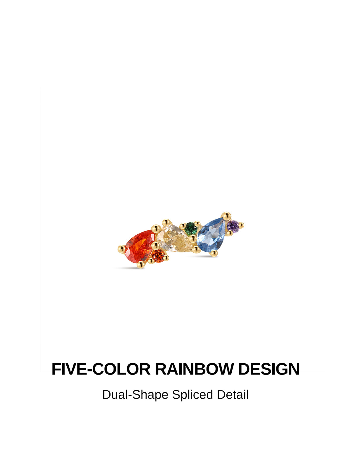 KOSINER 14K solid gold colorful baguette rainbow cluster flat back stud placed on pale gradient rose, vibrant multi cubic zirconia cartilage ear jewelry