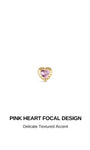 KOSINER Made of Romance pink gem piercing jewelry collection laid out with silky ribbon, including the signature Pink Ritual heart flat back stud, sweet charming romantic jewelry lineup