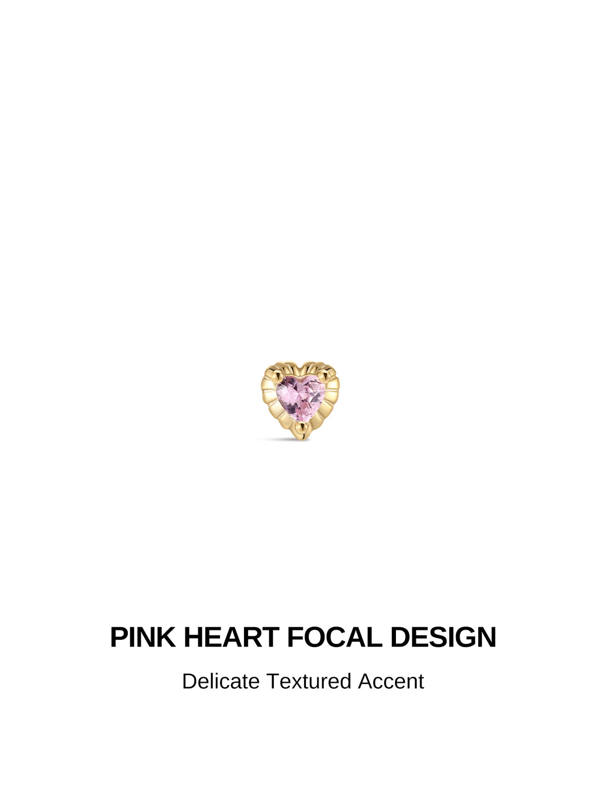 KOSINER Made of Romance pink gem piercing jewelry collection laid out with silky ribbon, including the signature Pink Ritual heart flat back stud, sweet charming romantic jewelry lineup