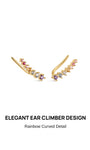 Elegant curved rainbow ear climber KOSINER 925 sterling silver, polished gold plated frame, gradient multi-color round CZ stones in pink, red, orange, clear, blue, purple, slim crawler fit for helix & lobe piercings