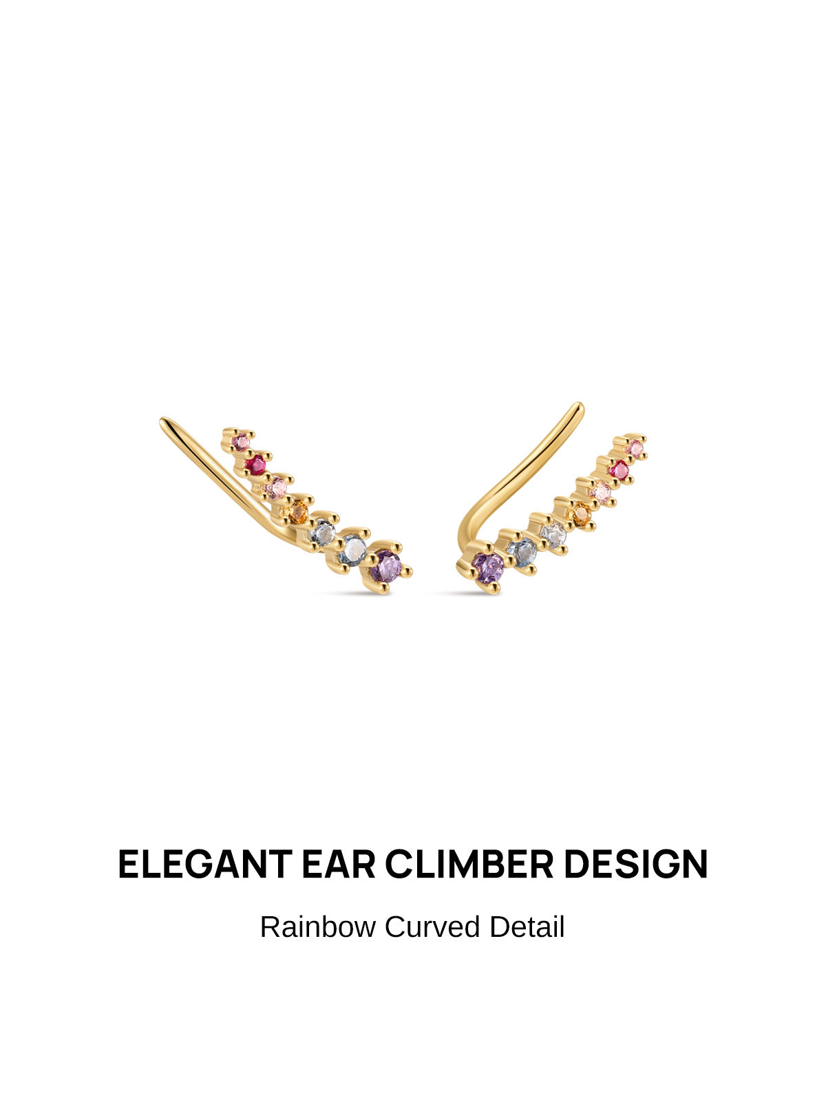 Elegant curved rainbow ear climber KOSINER 925 sterling silver, polished gold plated frame, gradient multi-color round CZ stones in pink, red, orange, clear, blue, purple, slim crawler fit for helix & lobe piercings