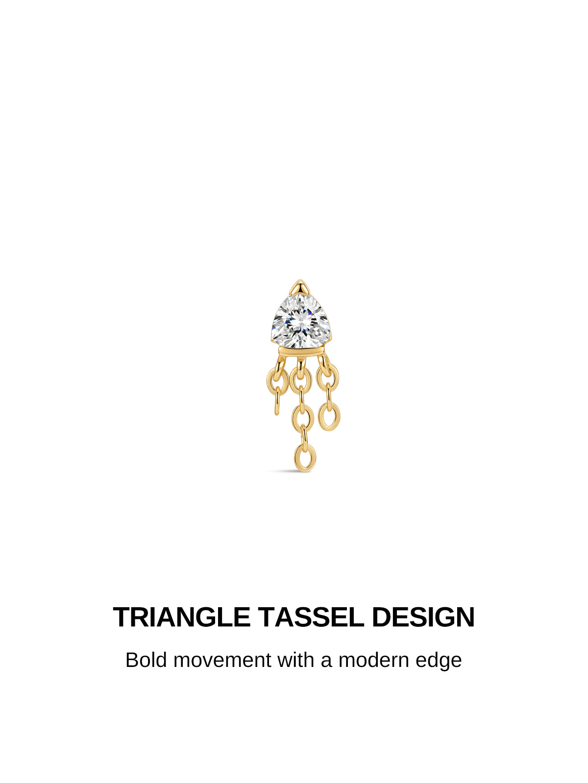 TRIANGLE TASSEL DESIGN 14K gold flat back piercing stud, trillion CZ dangling chain cartilage earring modern minimalist ear jewellery
