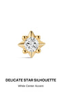 KOSINER Perléa Dainty Star Flat Back Stud close-up, delicate star silhouette with polished gold frame, 4 rounded gold bead accents and central round brilliant-cut clear CZ stone, hypoallergenic internally threaded 14K solid gold design for helix, tragus and lobe piercings