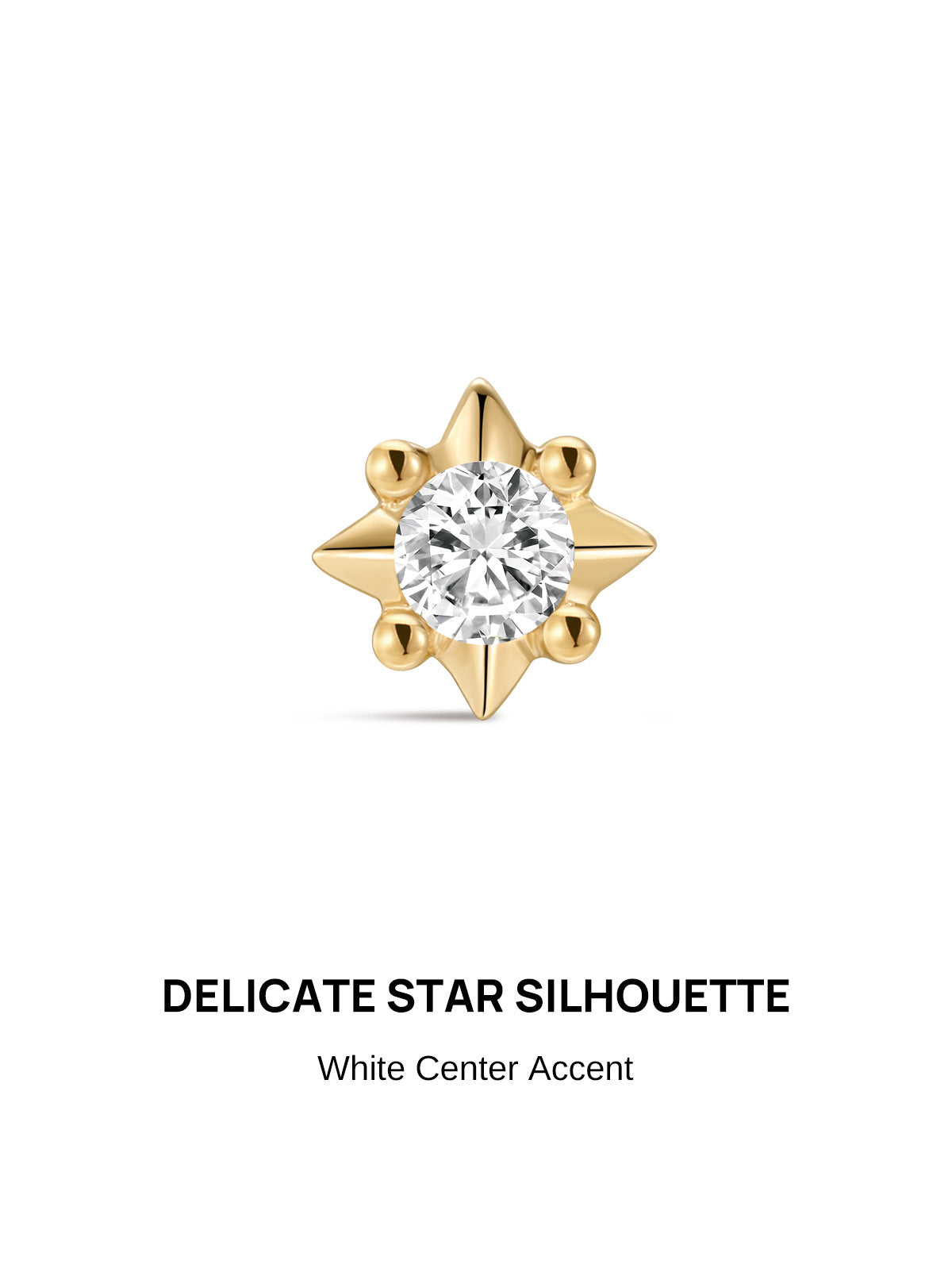 KOSINER Perléa Dainty Star Flat Back Stud close-up, delicate star silhouette with polished gold frame, 4 rounded gold bead accents and central round brilliant-cut clear CZ stone, hypoallergenic internally threaded 14K solid gold design for helix, tragus and lobe piercings