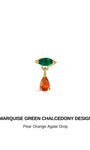 Side profile shot of KOSINER 14K solid gold marquise green chalcedony & pear orange agate dangle flat back stud, showing engraved 14K post and delicate movable drop structure