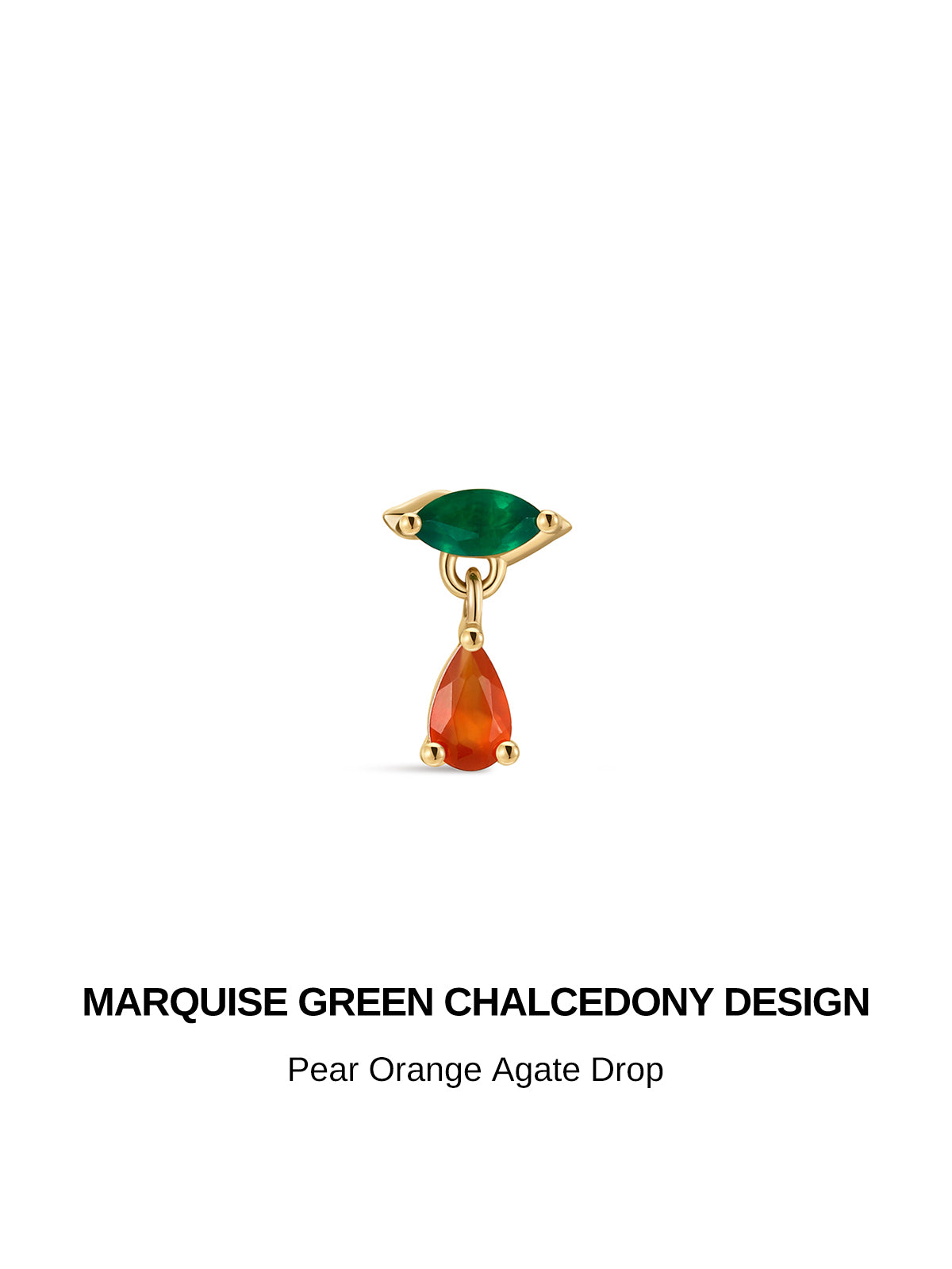 Side profile shot of KOSINER 14K solid gold marquise green chalcedony & pear orange agate dangle flat back stud, showing engraved 14K post and delicate movable drop structure