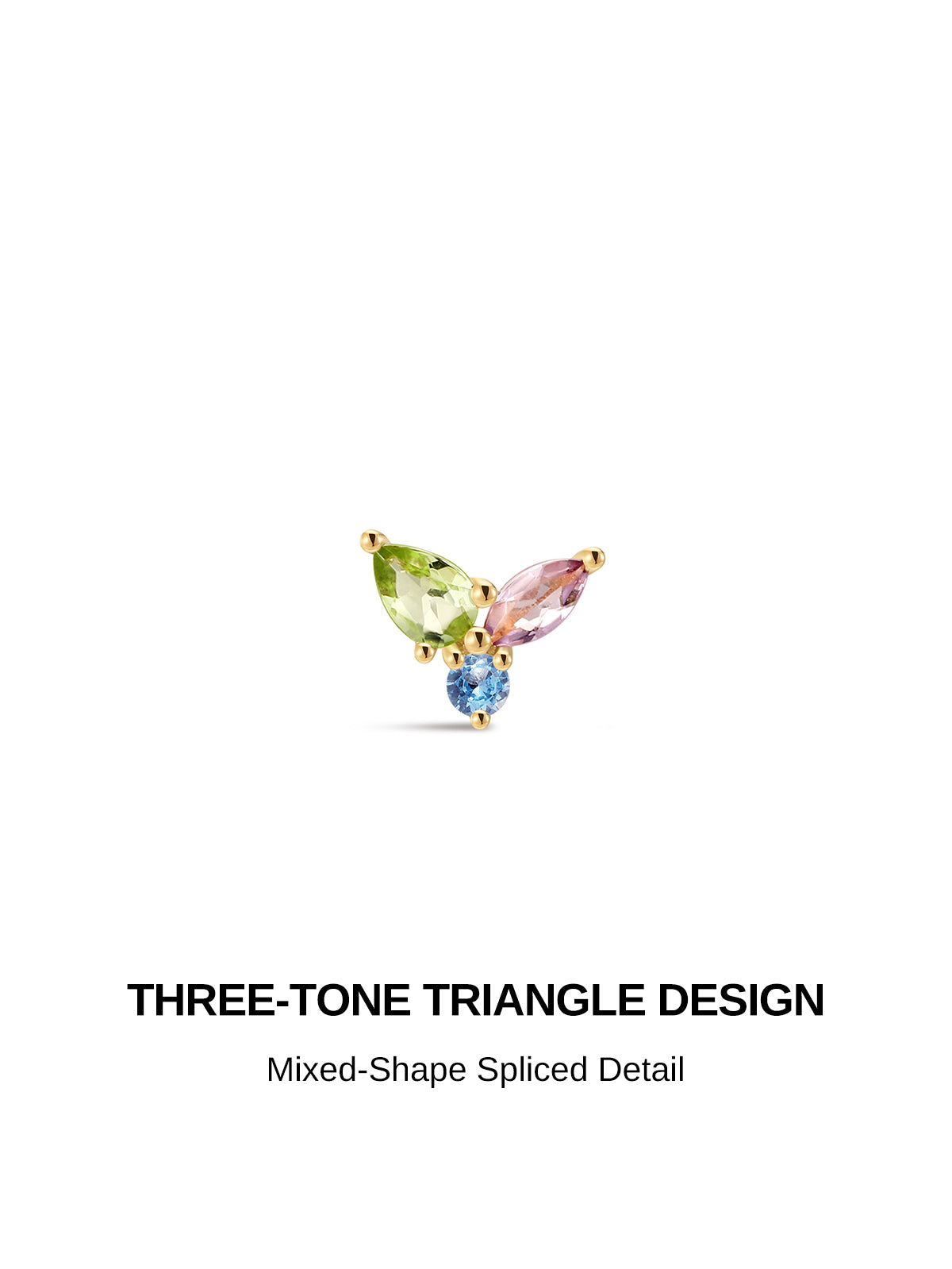 KOSINER Gem Garden 14K Solid Gold Three-Tone Triangle Multi Gem Flat Back Stud, Peridot Pink Tourmaline Blue Topaz Cartilage Piercing Earring, Hypoallergenic Stackable for Helix Tragus Lobe Conch