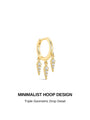 KOSINER minimalist triple geometric rhombus drop hoop product graphic, polished gold vermeil clicker huggie hoop, three pave CZ pointed rhombus dangling pendants, modern spiky design dangle cartilage piercing earring