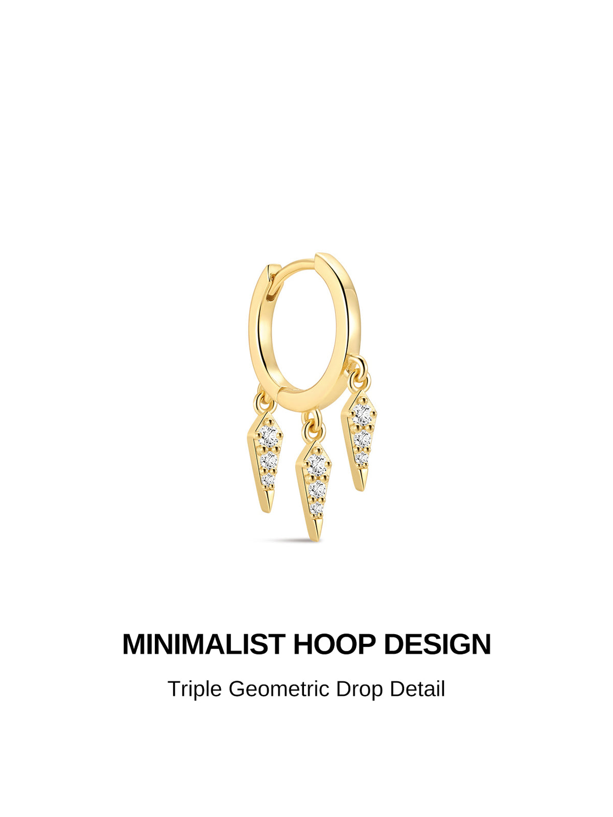 KOSINER minimalist triple geometric rhombus drop hoop product graphic, polished gold vermeil clicker huggie hoop, three pave CZ pointed rhombus dangling pendants, modern spiky design dangle cartilage piercing earring