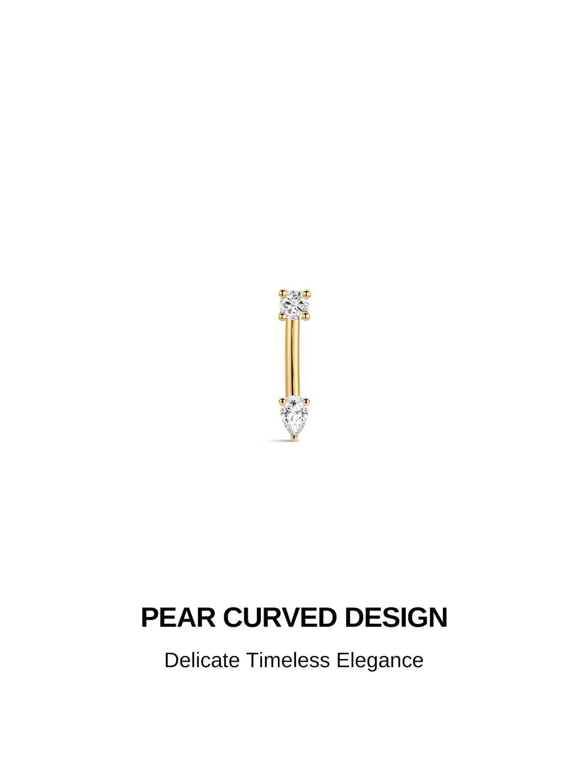 KOSINER pear curved design 14K gold barbell cartilage earring concept poster, delicate timeless elegance two gemstone curved piercing jewelry