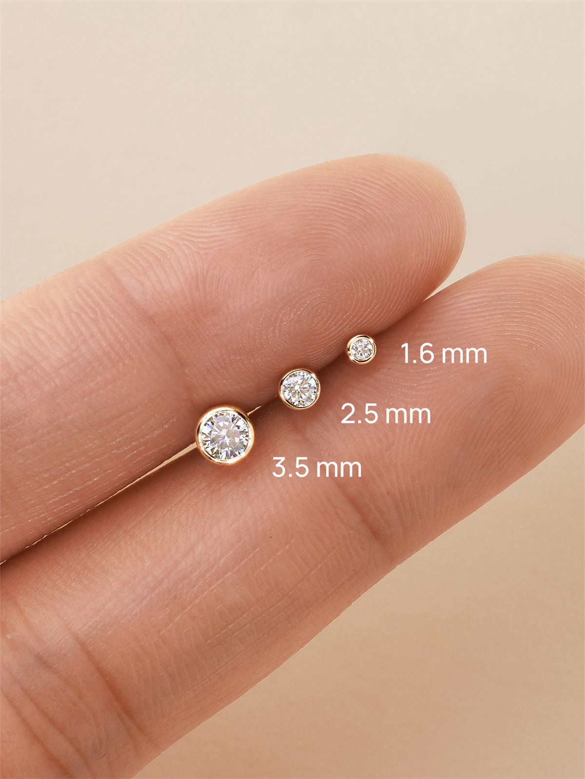 KOSINER 14K Gold Bezel Set Clear CZ Gem Sizes 1.6mm, 2.5mm, 3.5mm Piercing Jewelry