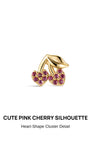 Cute heart cluster cherry silhouette KOSINER 925 sterling silver cartilage stud, polished 14K gold plated leaf & stem frame, pave pink gemstone heart fruit details, push-in flat back post