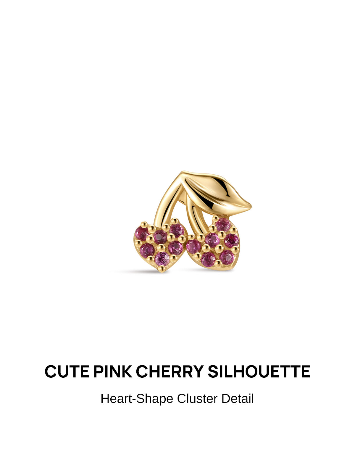 Cute heart cluster cherry silhouette KOSINER 925 sterling silver cartilage stud, polished 14K gold plated leaf & stem frame, pave pink gemstone heart fruit details, push-in flat back post