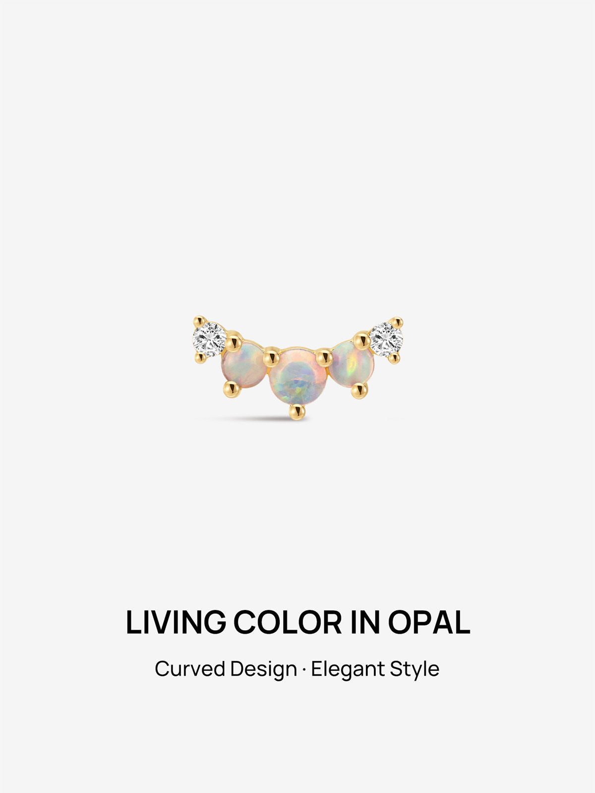 KOSINER 14K Solid Gold Three-Stone Opal Cluster Curved Flat Back Piercing Stud, Nickel-Free Waterproof Dainty Rainbow Opal Cartilage Earring for Multi Ear Stack Piercing