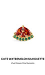 Cute fan-shaped watermelon silhouette KOSINER 925 sterling silver cartilage stud, polished gold plated frame, vivid red faceted gem for flesh, pave green gems as rind, push-in flat back post structure
