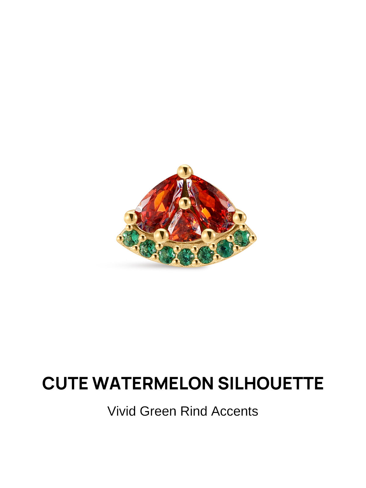 Cute fan-shaped watermelon silhouette KOSINER 925 sterling silver cartilage stud, polished gold plated frame, vivid red faceted gem for flesh, pave green gems as rind, push-in flat back post structure