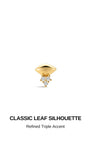 KOSINER Prism classic leaf silhouette 14K solid gold flat back stud, polished leaf-shaped top with refined triple pave cz accents, internally threaded hypoallergenic cartilage piercing stud for helix, rook and lobe placements