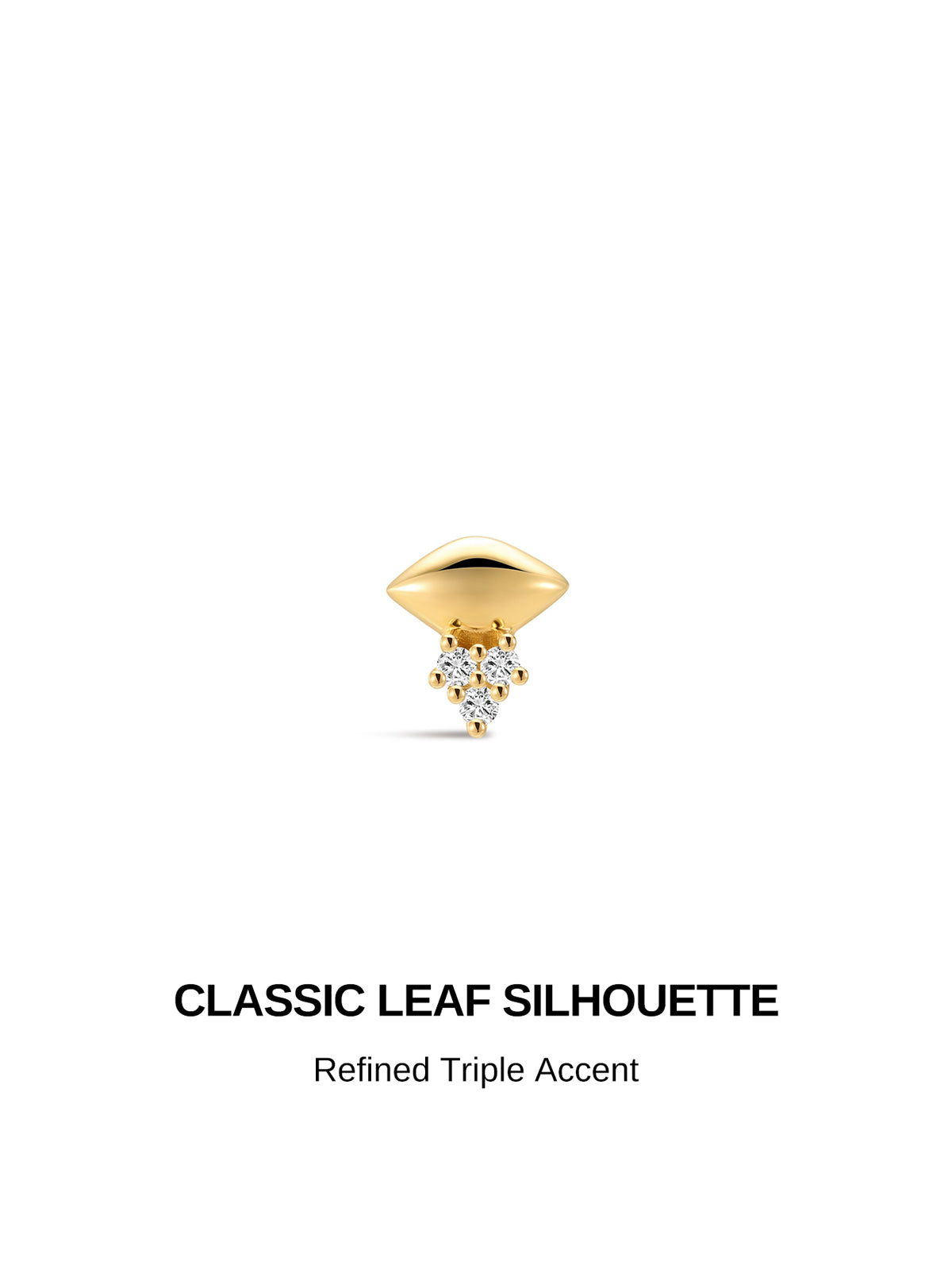 KOSINER Prism classic leaf silhouette 14K solid gold flat back stud, polished leaf-shaped top with refined triple pave cz accents, internally threaded hypoallergenic cartilage piercing stud for helix, rook and lobe placements
