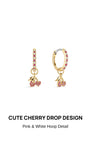 KOSINER Orchard 925 Sterling Silver Delicate Cherry Hoop Earring, gold hoop inlaid with alternating pink and white crystals, dangling pavé pink gem cherry charm, cute fruit drop hoop earring pair design