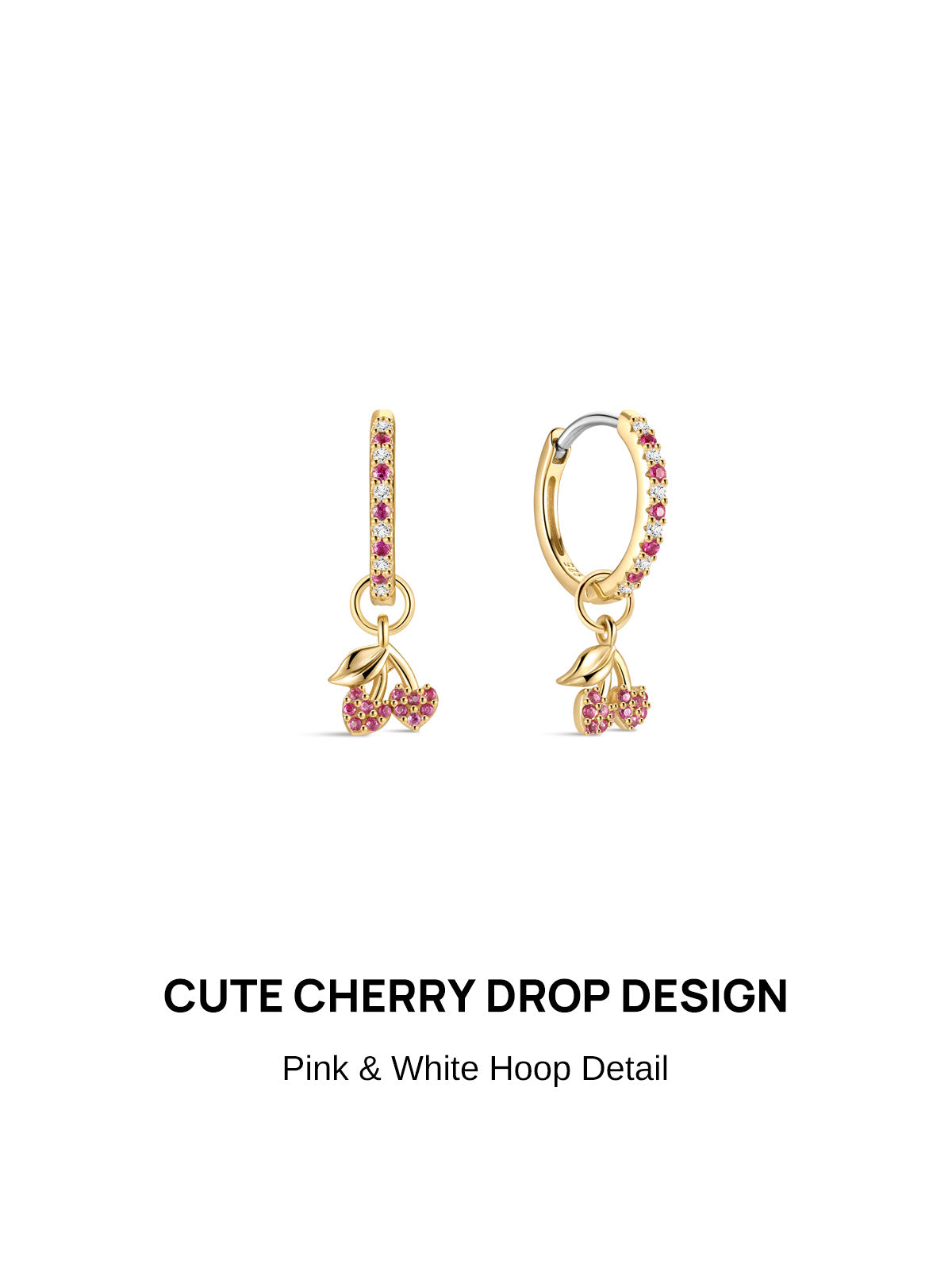 KOSINER Orchard 925 Sterling Silver Delicate Cherry Hoop Earring, gold hoop inlaid with alternating pink and white crystals, dangling pavé pink gem cherry charm, cute fruit drop hoop earring pair design