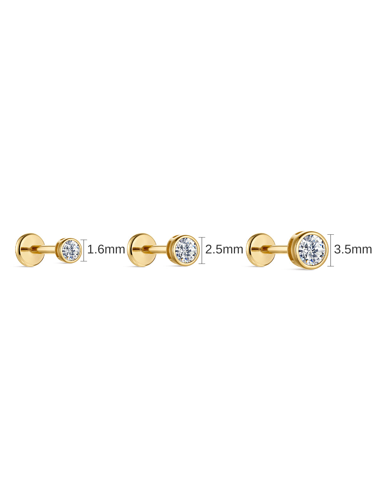 KOSINER round bezel lab-grown diamond flat back studs in 1.6mm, 2.5mm and 3.5mm sizes